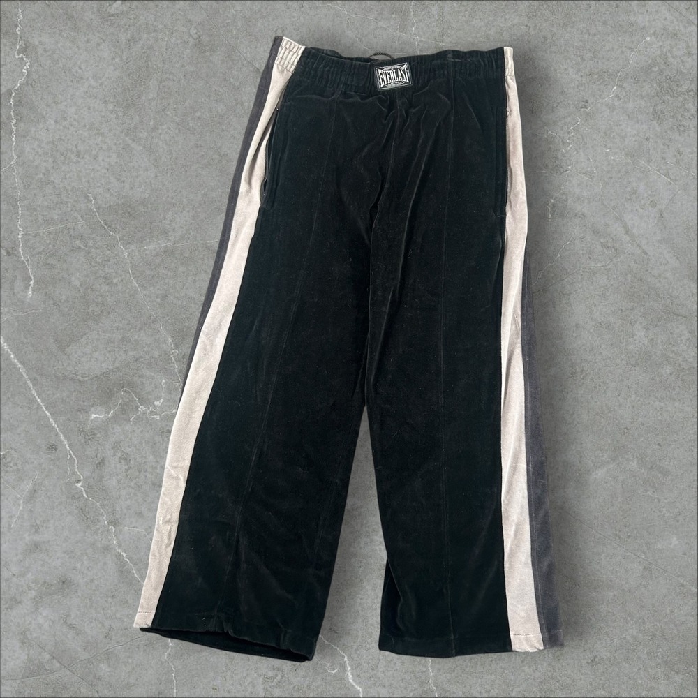 Everlast Velour Track Pants Mens Medium Black Y2k Side Stripe Wide Leg Baggy 00s
